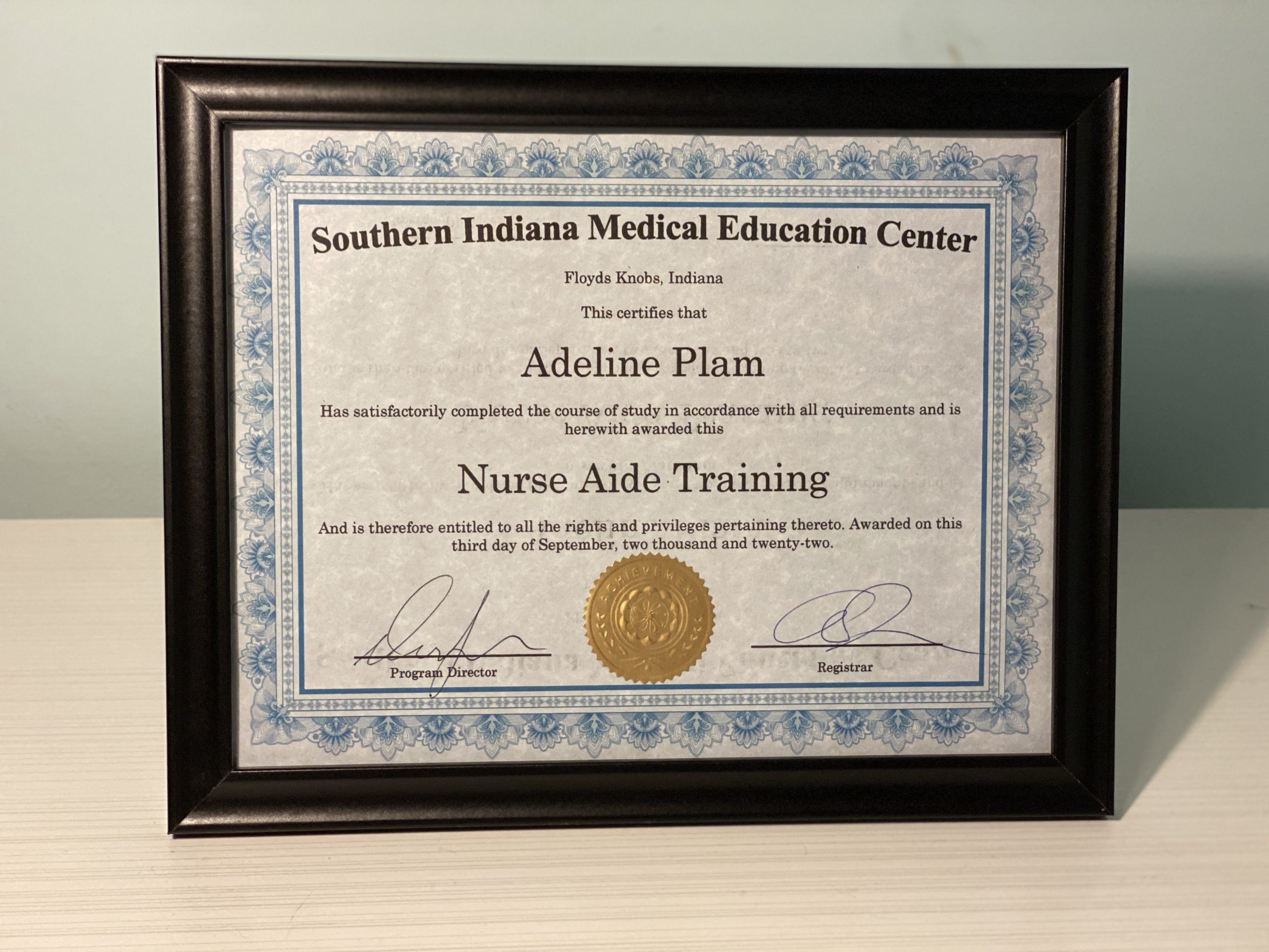 Nurse Aide Training Certificate Frame